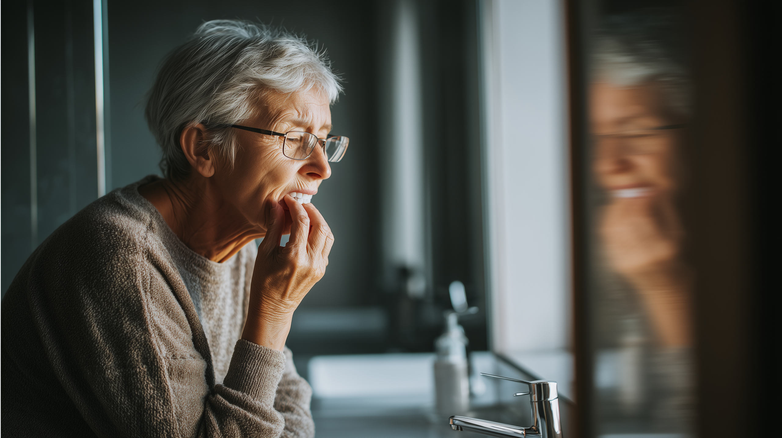 A realistic photo of a disappointed elderly Caucasian woman sitting at a bathroom counter, applying denture glue to her removable denture. Her facial expression shows clear discomfort and frustration